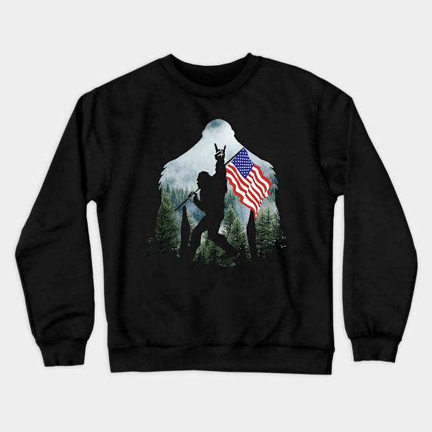 Bigfoot Into The Forest USA Flag Crewneck Sweatshirt by Phylis Lynn Spencer